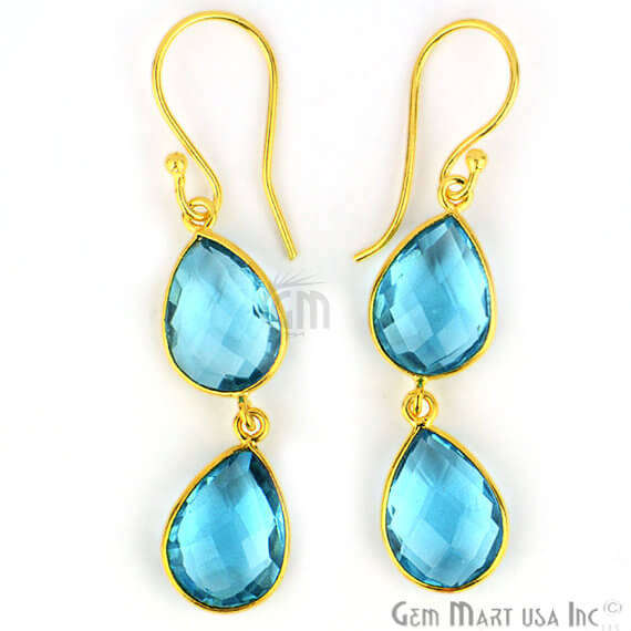 Blue Topaz Pears Shape 52x10mm Gold Plated Dangle Stud Earrings - GemMartUSA