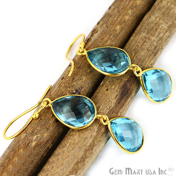 Blue Topaz Pears Shape 52x10mm Gold Plated Dangle Stud Earrings - GemMartUSA