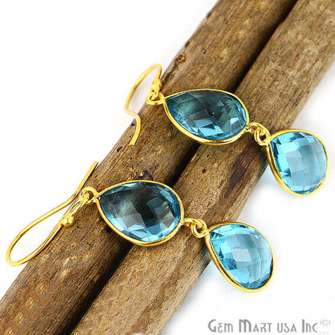 Blue Topaz Pears Shape 52x10mm Gold Plated Dangle Stud Earrings - GemMartUSA