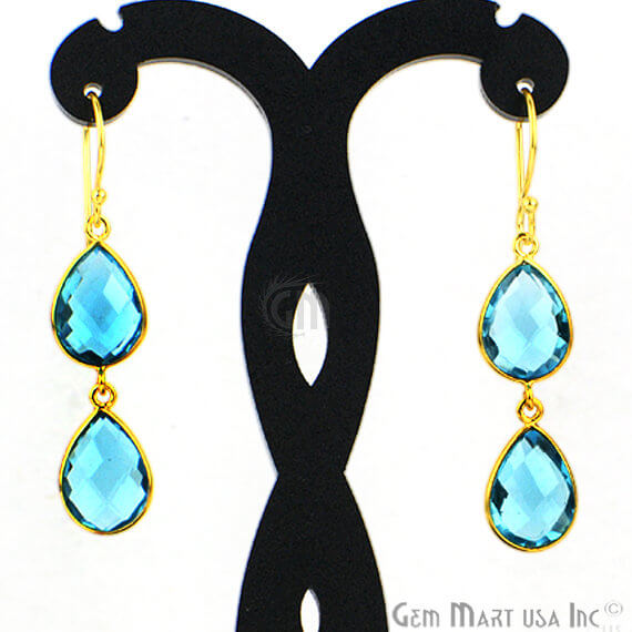 Blue Topaz Pears Shape 52x10mm Gold Plated Dangle Stud Earrings - GemMartUSA