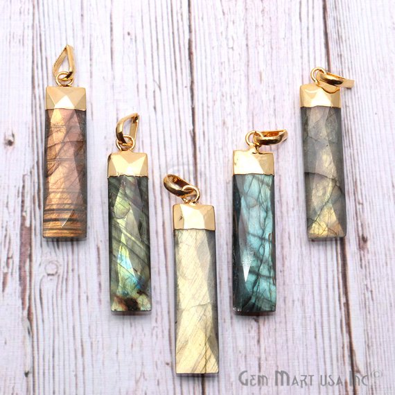 DIY Labradorite 46x10mm Gold Plated Rectangle Shape Gemstone Bracelet Charms Necklace Pendant - GemMartUSA