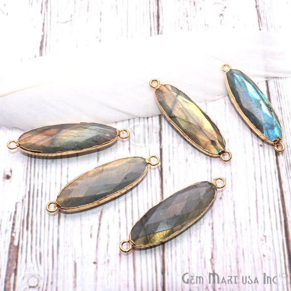 Labradorite 37x11mm Oval Shape Double Bail Gold Plated Gemstone Connector Charm - GemMartUSA