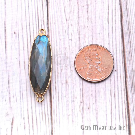 Labradorite 37x11mm Oval Shape Double Bail Gold Plated Gemstone Connector Charm - GemMartUSA