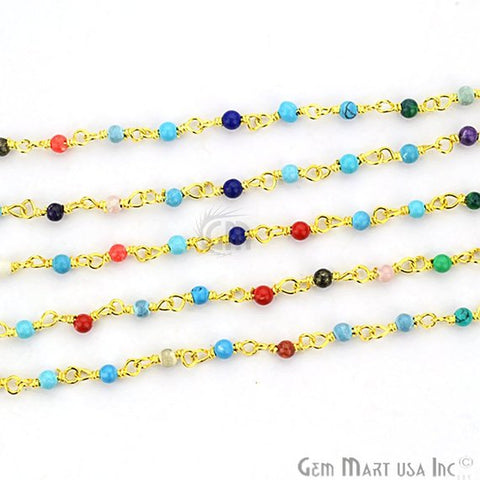 Multi Color Smooth 2-2.5mm Gold Plated Wire Wrapped Gemstone Beads Rosary Chain - GemMartUSA (764025241647)