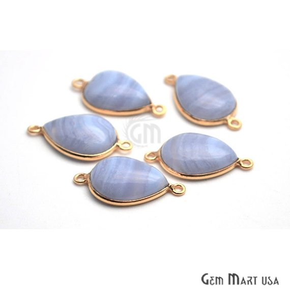 Blue Lace Agate Bezel Connector Pears Shape 24k Gold Plated Double Bail Connector (EL-10652) - GemMartUSA