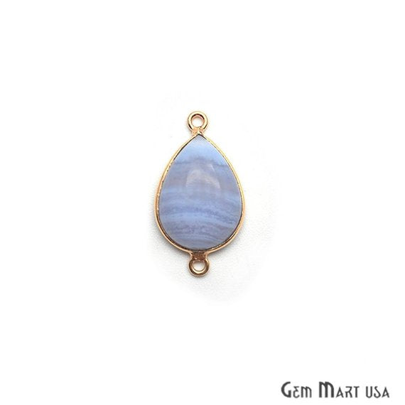 Blue Lace Agate Bezel Connector Pears Shape 24k Gold Plated Double Bail Connector (EL-10652) - GemMartUSA