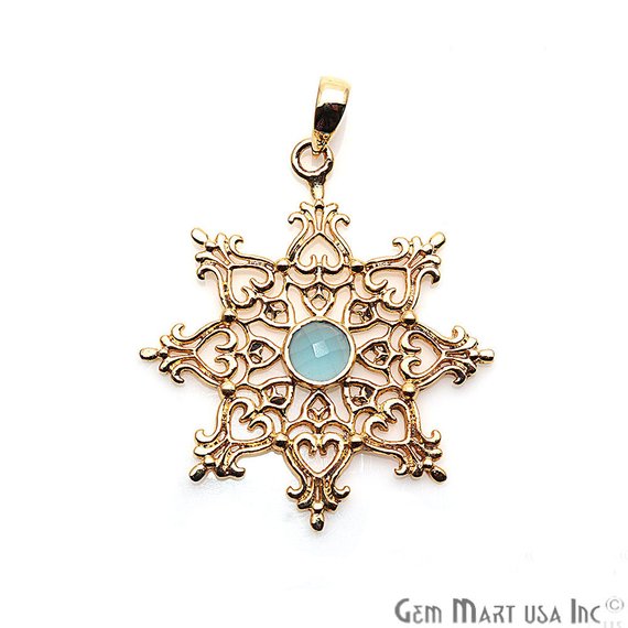 Snowflake Shape 44x38mm Gemstone Dangle Art Deco Pendant (50118) (Pick Your Gemstone, Plating) - GemMartUSA