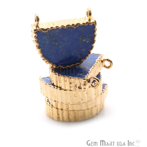 Lapis Lazuli 20x18mm Semi-Round Shape Cat Bail Gold Plated Gemstone Connector Charm - GemMartUSA