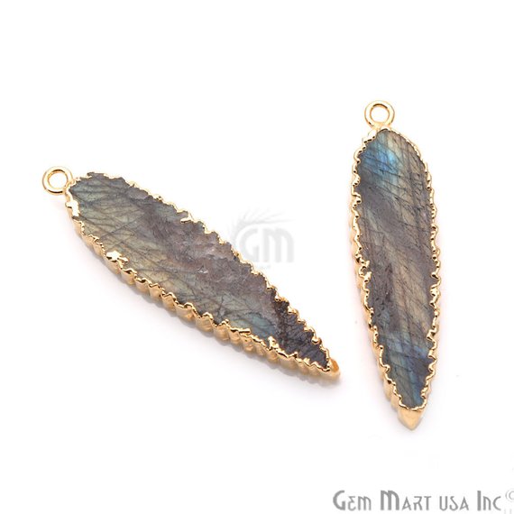 Labradorite 43x9mm Pear Shape Single Bail Gold Plated Gemstone Connector Charm - GemMartUSA