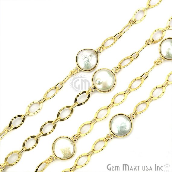 Pearl 10mm Round Gold Plated Bezel Connector Chain - GemMartUSA (764193407023)