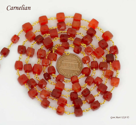 Carnelian Cube 5-6mm Gold Plated Wire Wrapped Beads Rosary Chain (762942586927)