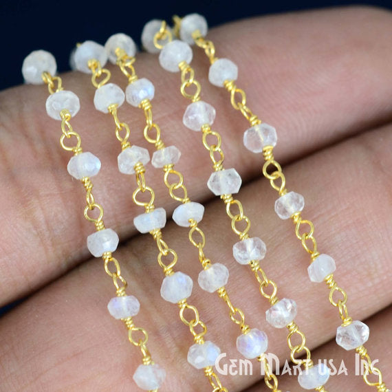 Rainbow Moonstone Bead Gold Wire Wrapped Rosary Chain - GemMartUSA