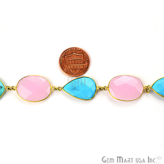 Rose Chalcedony With Turquoise 15mm Gold Plated Bezel Link Connector Chain - GemMartUSA (764202811439)