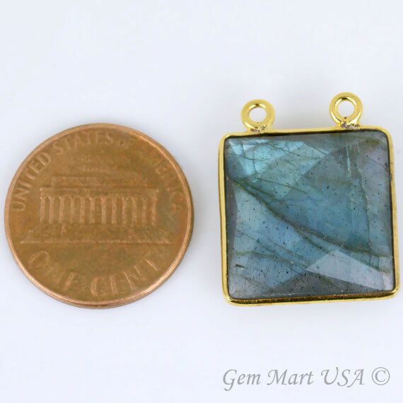 Natural Labradorite Square Shape 16mm Gold Plated Cat Bails Gemstone Bezel Connector - GemMartUSA