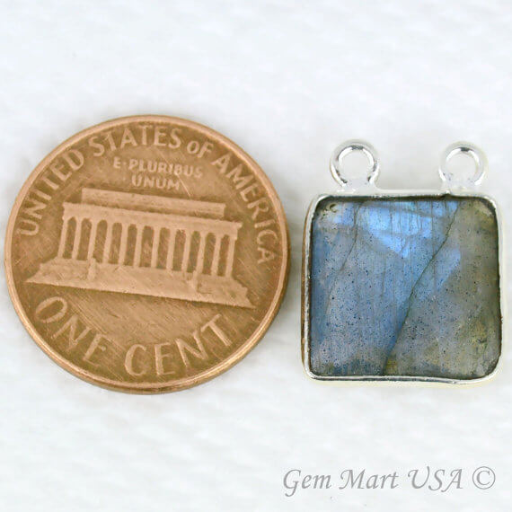 Natural Labradorite Square Shape 16mm Silver Plated Cat Bails Gemstone Bezel Connector - GemMartUSA