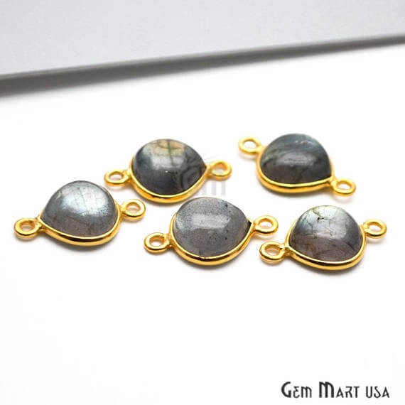 Labradorite Cabochon Heart Shape 10mm Gold Plated Double Bail Gemstone Bezel Connector - GemMartUSA