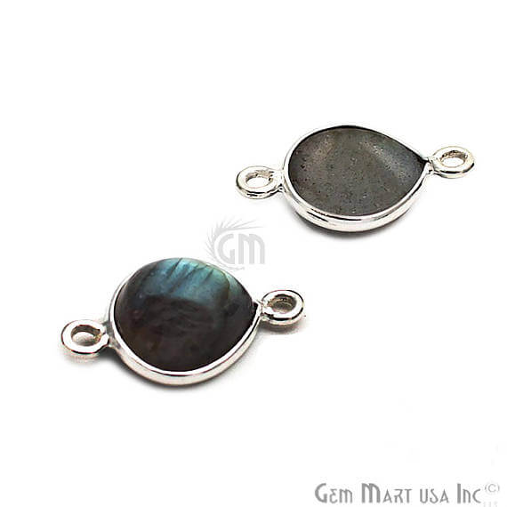 Labradorite Cabochon Heart Shape 10mm Silver Plated Double Bail Gemstone Bezel Connector - GemMartUSA