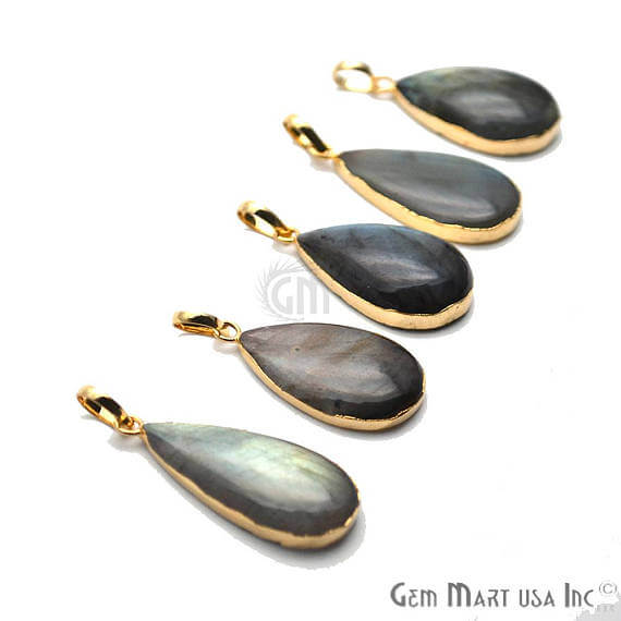 Labradorite 31x18mm Gold Electroplated Gemstone Connector Pendant - GemMartUSA