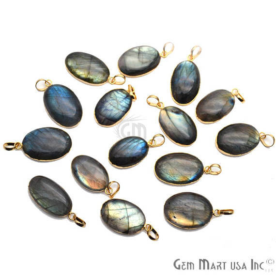 Labradorite 28x17mm Gold Electroplated Gemstone Connector Pendant - GemMartUSA