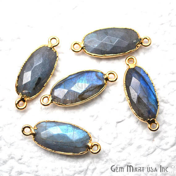 Labradorite Oval shape 20x10mm Gold Electroplated Double Bail Link Connector - GemMartUSA