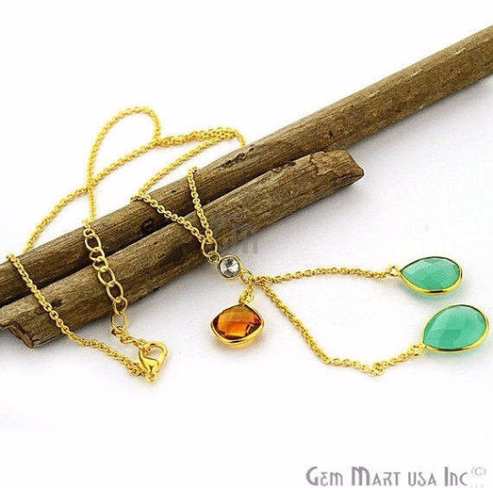 3pcs Mix Gemstone Necklace, Faceted Pears & Cushion Shape Pendant with 24k Gold Plated 18Inch Chain - GemMartUSA (762590953519)