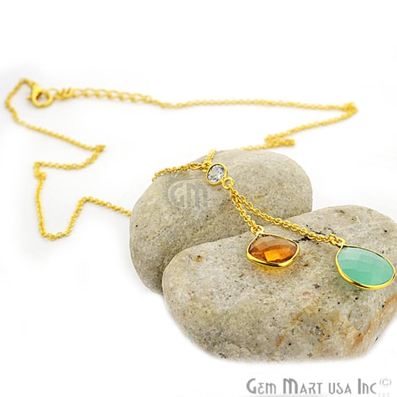 2pcs Aqua Chalcedony & Citrine Faceted Cushion and Pears Pendant with 24k Gold Plated 18Inch Chain - GemMartUSA (762592002095)