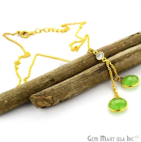 2pcs Green Chalcedony Necklace, Faceted Round Shape Pendant with 24k Gold Plated 18Inch Chain - GemMartUSA (762592559151)