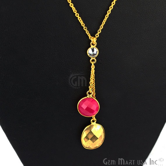 Gold Plated Chain Necklace with Pink Chalcedony & Golden Pyrite Gemstone in 18Inchinch - GemMartUSA (762596032559)