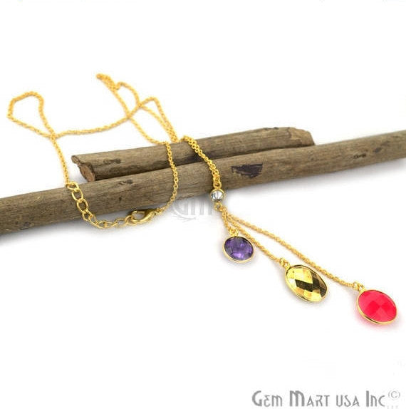 Gold Plated Chain Necklace with Pink Chalcedony, Amethyst & Pyrite Gemstone in 18Inchinch - GemMartUSA (762623393839)