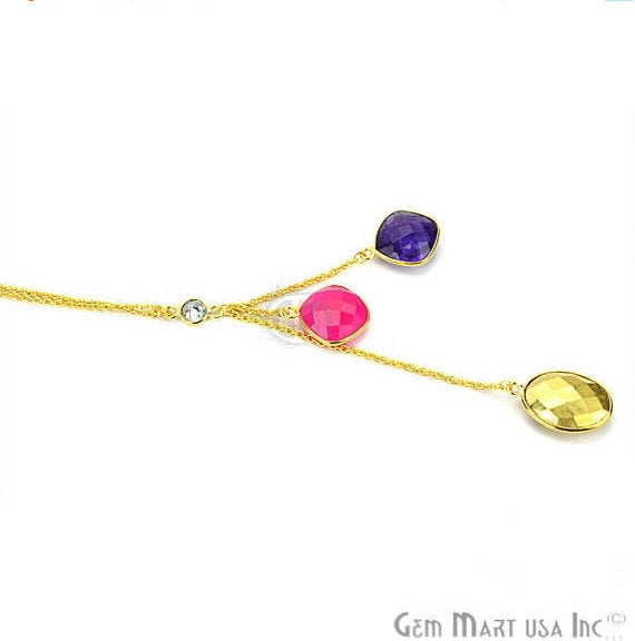 Multi Stone Mix Shape Gemstone Necklace 24k Gold Plated Cascade Necklace, Bezel Connector Necklace - GemMartUSA (762624278575)