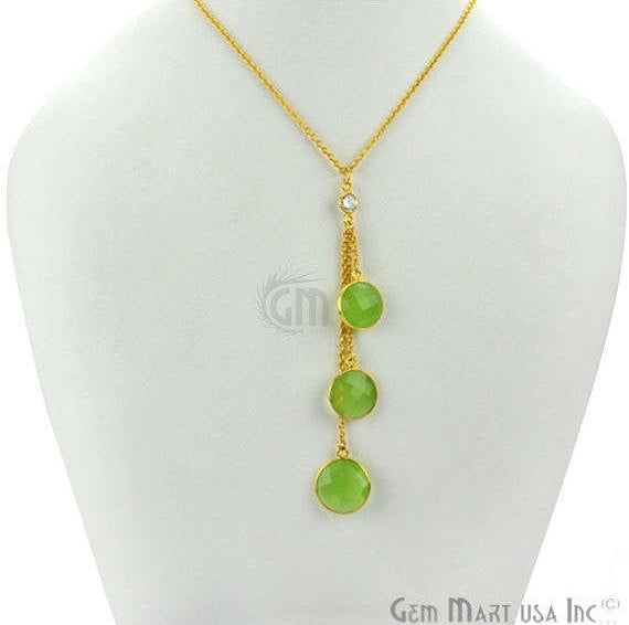 Green Chalcedony Round Gemstone Necklace 24k Gold Plated Cascade Necklace Bezel Connector Necklace - GemMartUSA (762626342959)
