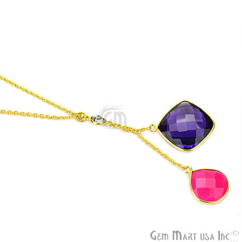 Amethyst & Pink Chalcedony Gemstone 24k Gold Plated Cascade Necklace - GemMartUSA (762627981359)