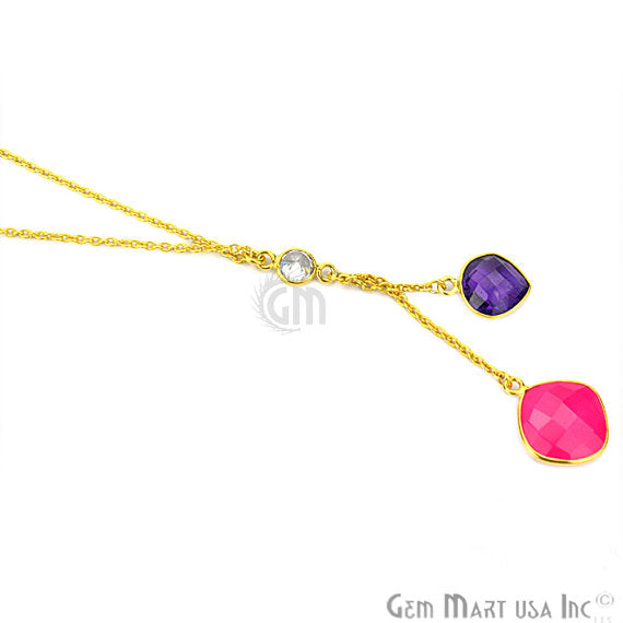 Amethyst & Pink Chalcedony Gemstone 24k Gold Plated Cascade Necklace - GemMartUSA (762628505647)