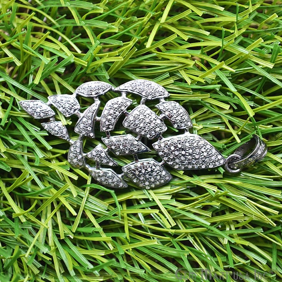 Pave Diamond Leaf Charm Pendant, Sterling Silver Necklace Charm Pendant - GemMartUSA (763558625327)
