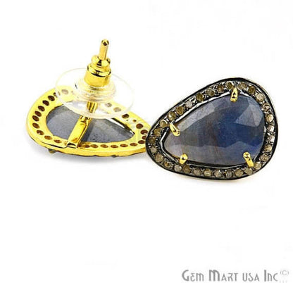 Sapphire & Natural Diamond 20x14mm Gold Vermeil Stud Earring - GemMartUSA