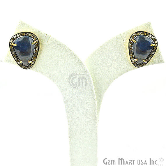 Sapphire & Natural Diamond 20x14mm Gold Vermeil Stud Earring - GemMartUSA