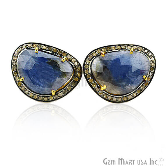 Sapphire & Natural Diamond 22x18mm Gold Vermeil Stud Earring - GemMartUSA