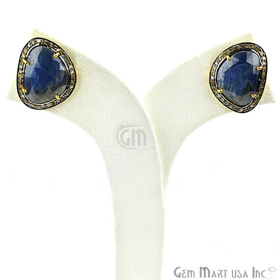 Sapphire & Natural Diamond 22x18mm Gold Vermeil Stud Earring - GemMartUSA