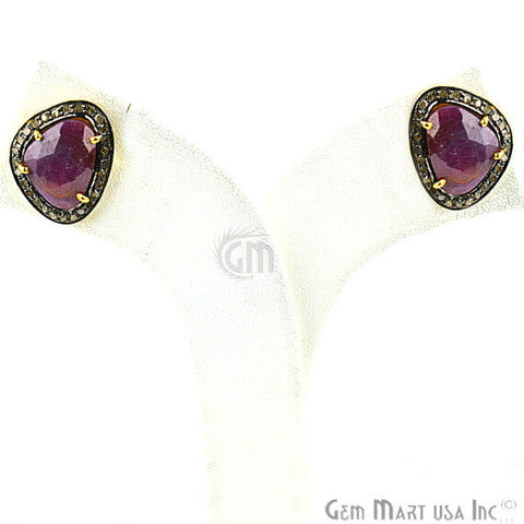 Red Sapphire & Natural Diamond 19x15mm Gold Vermeil Stud Earring - GemMartUSA