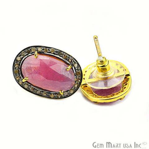 Pink Sapphire & Natural Diamond Oval 15x20mm Gold Vermeil Stud Earring - GemMartUSA