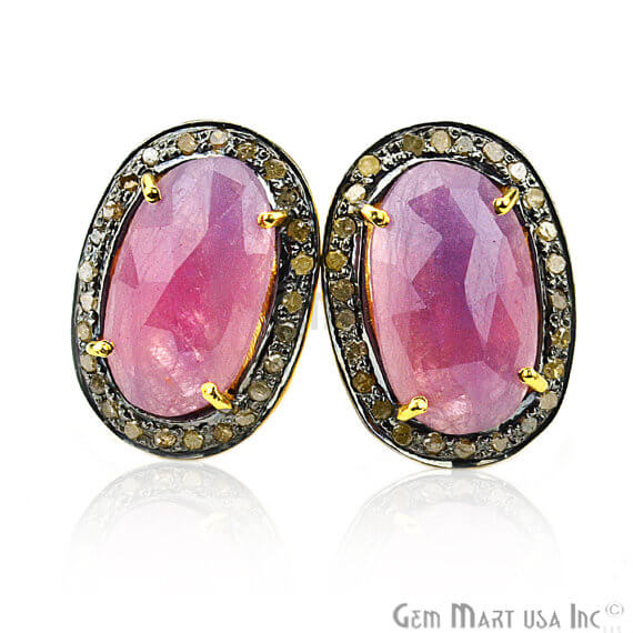 Pink Sapphire & Natural Diamond Oval 15x20mm Gold Vermeil Stud Earring - GemMartUSA