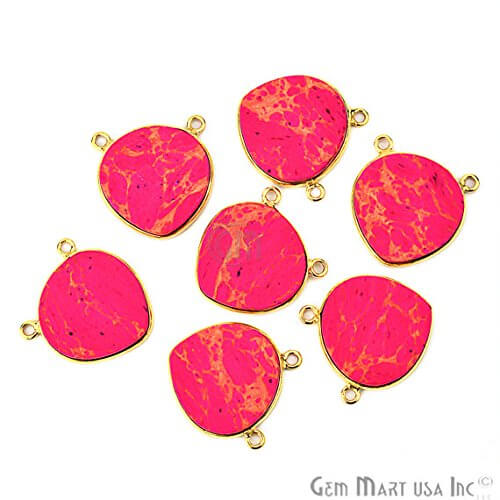 Pink Sediment Jasper Heart Shape 18mm Gold Plated Double Bails Gemstone Connector - GemMartUSA