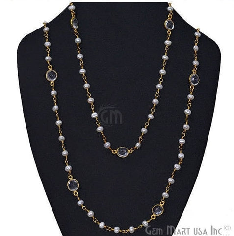 Pearl Necklace With Crystal Chain, 30 Inch Gold Plated Beaded Finished Necklace Jewellery - GemMartUSA