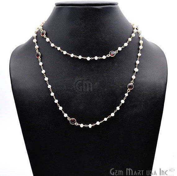 Pearl 3-3.5mm Necklace With Garnet Connectors, 30Inch Finished Rosary Necklace - GemMartUSA (762445168687)