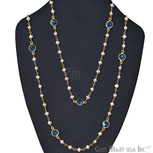 Pearl Necklace With Blue Topaz Chain, 30 Inch Gold Plated Beaded Finished Necklace - GemMartUSA