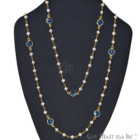 Pearl Necklace With Blue Topaz Chain, 30 Inch Gold Plated Beaded Finished Necklace - GemMartUSA