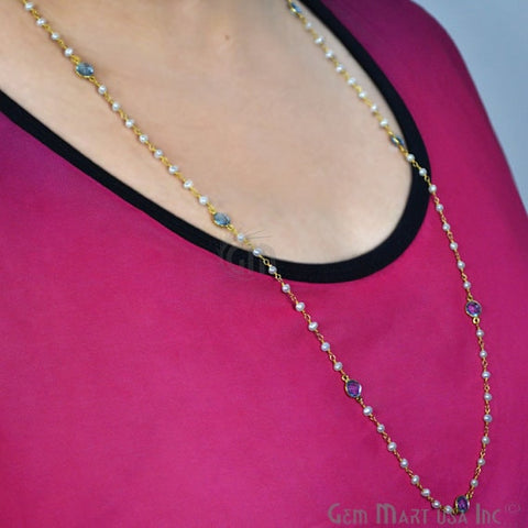 Pearl Necklace With Blue Topaz Chain, 30 Inch Gold Plated Beaded Finished Necklace - GemMartUSA