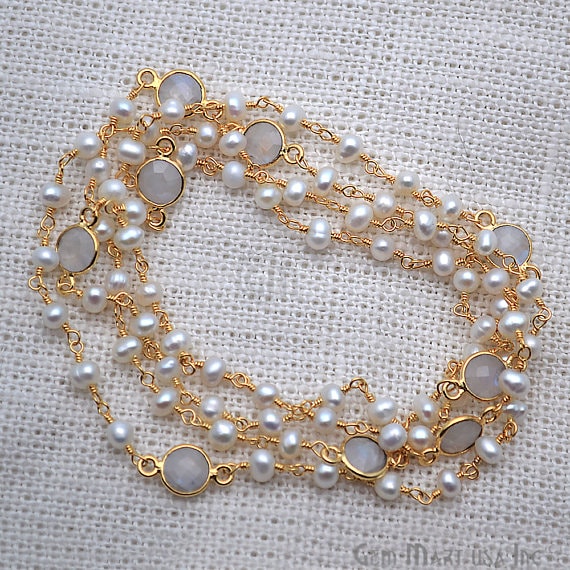 Pearl 3-3.5mm Necklace With Rainbow Connectors, 30Inch Finished Gold Plated Rosary Necklace Chain - GemMartUSA