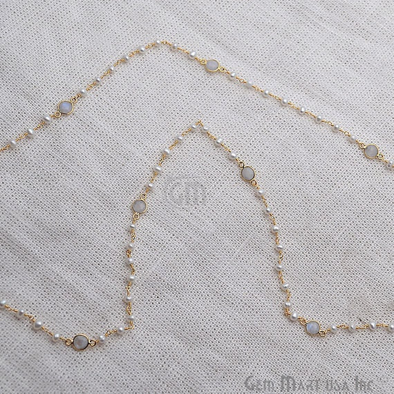 Pearl 3-3.5mm Necklace With Rainbow Connectors, 30Inch Finished Gold Plated Rosary Necklace Chain - GemMartUSA