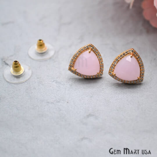 Rose Chalcedony Trillion 10mm Gold Plated Gemstone Stud Earring - GemMartUSA